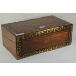 Victorian figure walnut lap desk crossbanded rosewood and inlaid brass fretwork W45cm H17cm