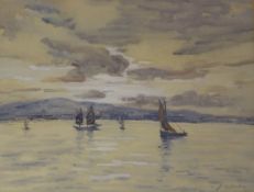 Boats in the Bay at Sunset, gouache signed and dated by Mary D Dakin 1925,