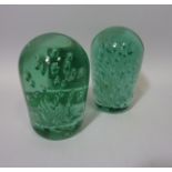 Pair Victorian green glass dumps with internal raindrop pattern H9.