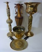 Large pierced brass candle sconce, brass jardiniere on stand,