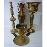 Large pierced brass candle sconce, brass jardiniere on stand,