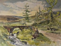 'Moorland Landscape with Bridge and Stream',