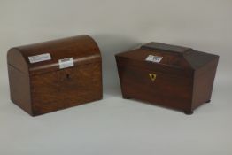 Early Victorian figured mahogany sarcophagus tea caddy W22.