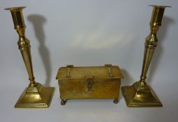 Pair of Georgian brass candlesticks and a brass casket inscribed 'C Bacon St.