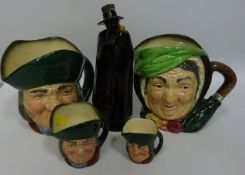 Four Royal Doulton character jugs and Royal Doulton 'Sandman' decanter (a/f) (5)