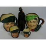 Four Royal Doulton character jugs and Royal Doulton 'Sandman' decanter (a/f) (5)