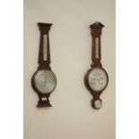 20th century oak cased aneroid barometer with thermometer and another mahogany finish barometer