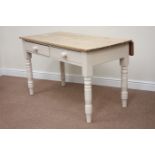 Victorian rectangular waxed pine table top fitted with drop leaf and two drawers,