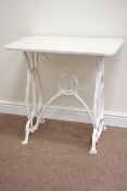 Vintage white painted cast iron 'sewing machine' table, W76cm, D48cm,