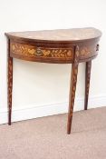 18th/19th century Dutch marquetry demi lune hall table, two frieze drawers, W80cm,