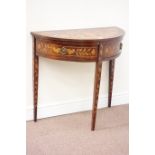 18th/19th century Dutch marquetry demi lune hall table, two frieze drawers, W80cm,