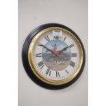 Circular wall hanging clock with hunting scene face, battery powered quartz movement,