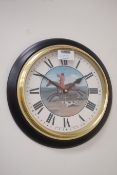 Circular wall hanging clock with hunting scene face, battery powered quartz movement,