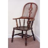19th century country elm and beech double bow Windsor armchair, fret work splat back,