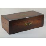 Victorian mahogany lap desk crossbanded in rosewood inlaid with brass fretwork panel W50cm H17cm