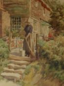 Woman Sweeping Cottage Garden Steps,