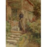 Woman Sweeping Cottage Garden Steps,