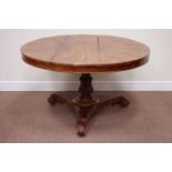 Victorian figured mahogany tilt top circular breakfast table, raised on carved baluster,