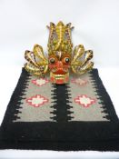 Carved wood 'Sri Lankan Demon' dragon wall mask H46cm and a Mexican wall hanging 143cm x 72cm