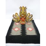 Carved wood 'Sri Lankan Demon' dragon wall mask H46cm and a Mexican wall hanging 143cm x 72cm