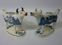 Pair late 19th/early 20th century blue and white willow pattern cow creamers Condition