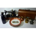 Vintage Singer sewing machine, three Edwardian decorative wall plates,