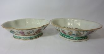 Near pair 18th century Cantonese famille vert pedestal dishes,