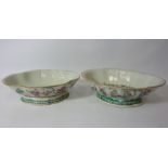 Near pair 18th century Cantonese famille vert pedestal dishes,