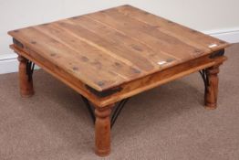 Mexican rustic pine square coffee table with metal mounts,