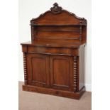 Victorian mahogany chiffonier, shaped back, bobbin turned pilasters, W105cm,