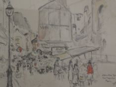 Parisian Street scene, charcoal and watercolour signed titled and dated J Johnstone Rough 1956,