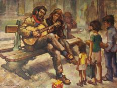 Guitarist Playing to Children in the Street, large oil on canvas indistinctly signed A.