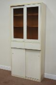 Mid 20th century white painted vintage kitchen cabinet, fitted with two glass sliding doors,