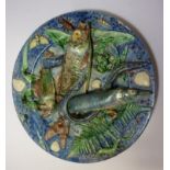 Late 19th/early 20th century Palissy Majolica plate decorated with carp, pike, eel, perch, frog,