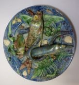 Late 19th/early 20th century Palissy Majolica plate decorated with carp, pike, eel, perch, frog,