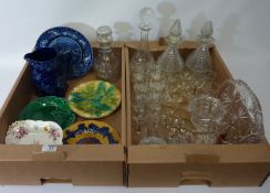 Wedgwood and other majolica plates, decanters,