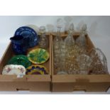 Wedgwood and other majolica plates, decanters,