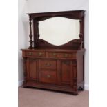 Edwardian walnut shaped bevelled edge mirror back sideboard,