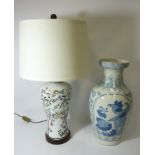 Asian design enamelled table lamp with shade H69cm overall and a Chinese blue and white vase (2)
