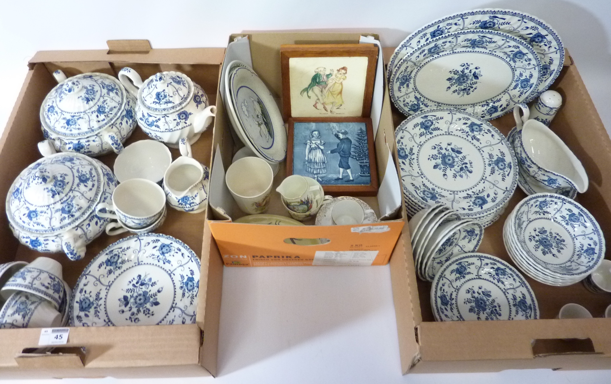 Johnson Bros 'Indies' pattern blue and white dinner service - six place settings - and other