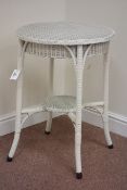 Lloyd Loom style vintage white painted wicker two tier table, D51cm,