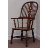 19th century country elm and ash double bow Windsor armchair, fret work splat back,
