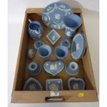 Wedgwood Jasperware - two pairs of candlesticks, jug,