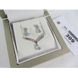 Aquamarine and diamond white gold pendant necklace and pair of ear-rings hallmarked 9ct