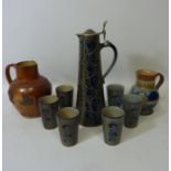 19th century salt glazed jug with applied decoration H21cm, Doulton Lambeth 'Queen Victoria' jug,