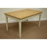 Rectangular elm top dining table on painted tapering turned legs, 91cm x 140cm,