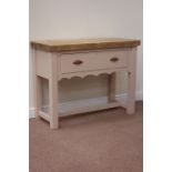 Waxed pine top single drawer dresser, on painted stretcher base, shaped apron, W115cm, H88cm,
