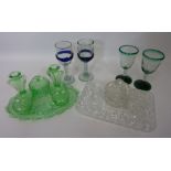 1930's green tinted glass dressing table set,
