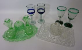1930's green tinted glass dressing table set,
