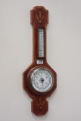 20th century inlaid walnut cased aneroid barometer with thermometer,